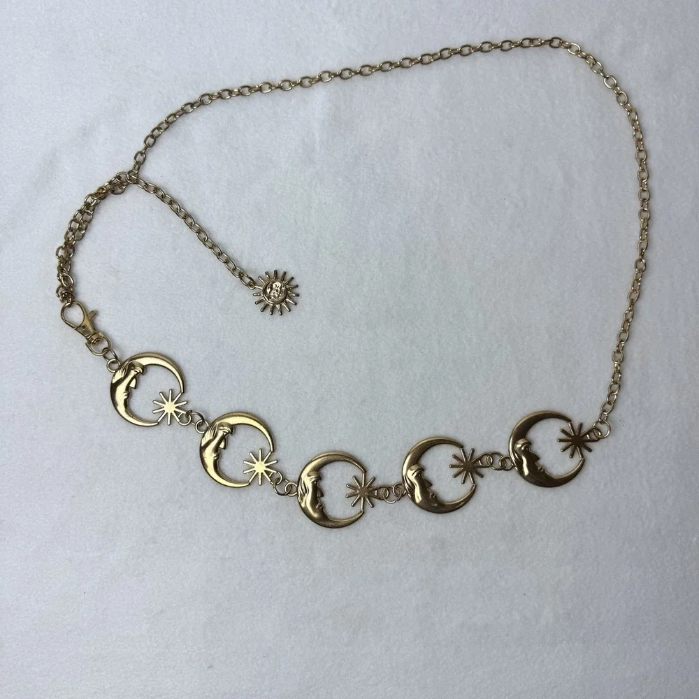 Gold Tone Celestial Crescent Moon Face Star Chain Belt Sun Charm One Size 42.5